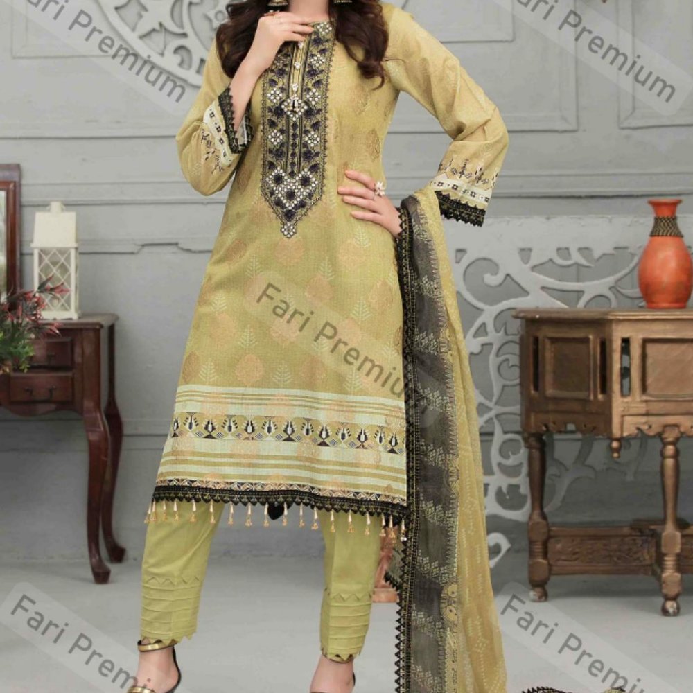3 Piece Embroidered Banarsi Cotton Chiffon Shalwar Kameez Suit Pakistani/Indian